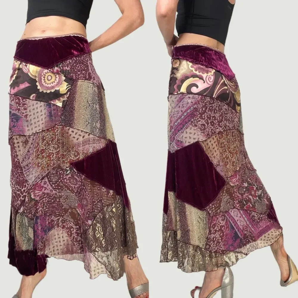 SOLD Cache vintage Y2K patchwork silk maxi skirt fairy paisley floral velvet - Picture 1 of 12